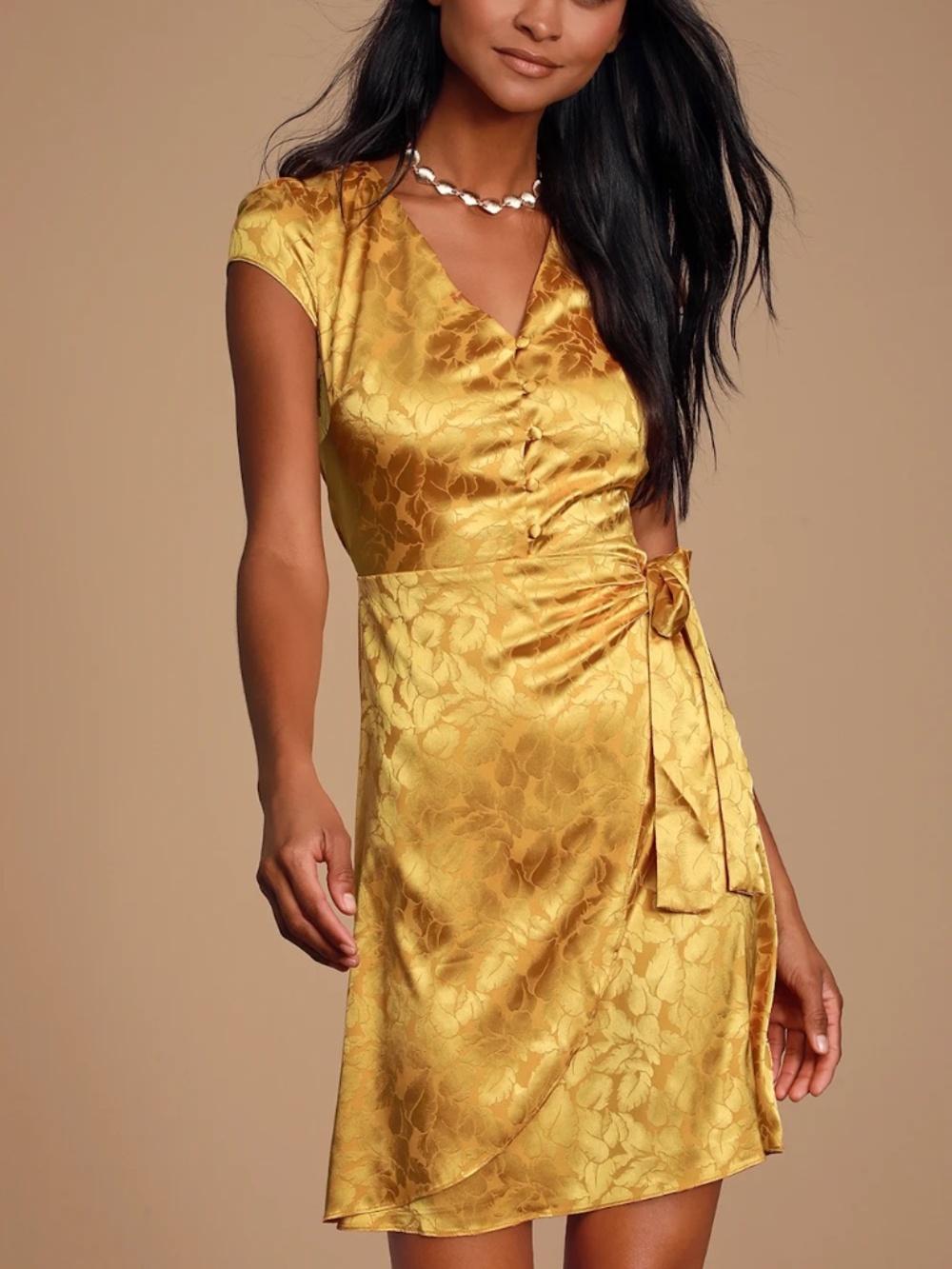 Lulus Iconic Mustard Yellow Satin Faux Wrap Mini Dress - Size XS